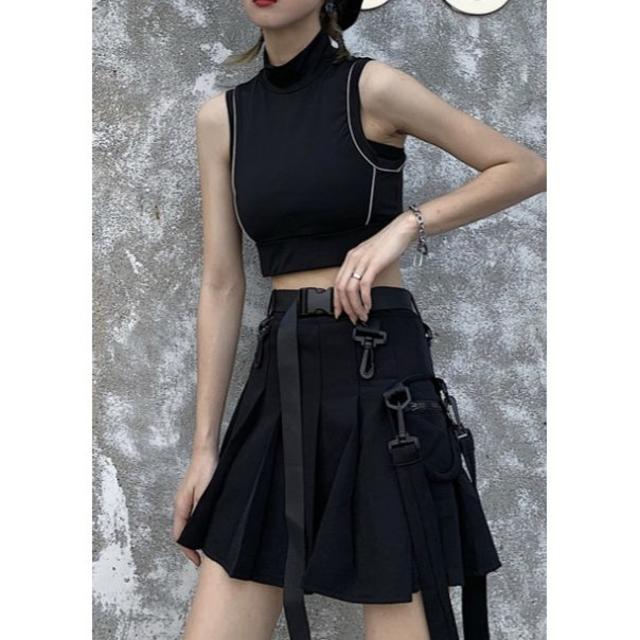 プリーツ ミニスカート【黒 ブラック】ベルト付き Ｍサイズ 3058 レディースのスカート(ミニスカート)の商品写真