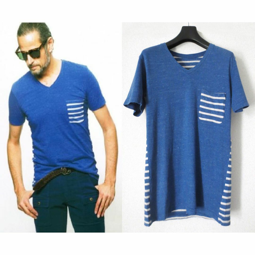1piu1uguale3(ウノピゥウノウグァーレトレ)の定価1.6万 1PIU1UGUALE3 ボーダー Vネック Tシャツ ブルー メンズのトップス(Tシャツ/カットソー(半袖/袖なし))の商品写真