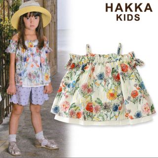 ハッカキッズ(hakka kids)の【新品】ハッカキッズ オフショルダーチュニック ペンシルフラワー サイズ140(Tシャツ/カットソー)