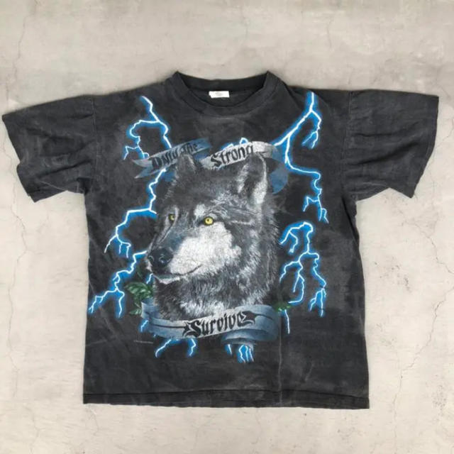 90s american thunder アメリカンサンダーウルフ柄半袖Tシャツ