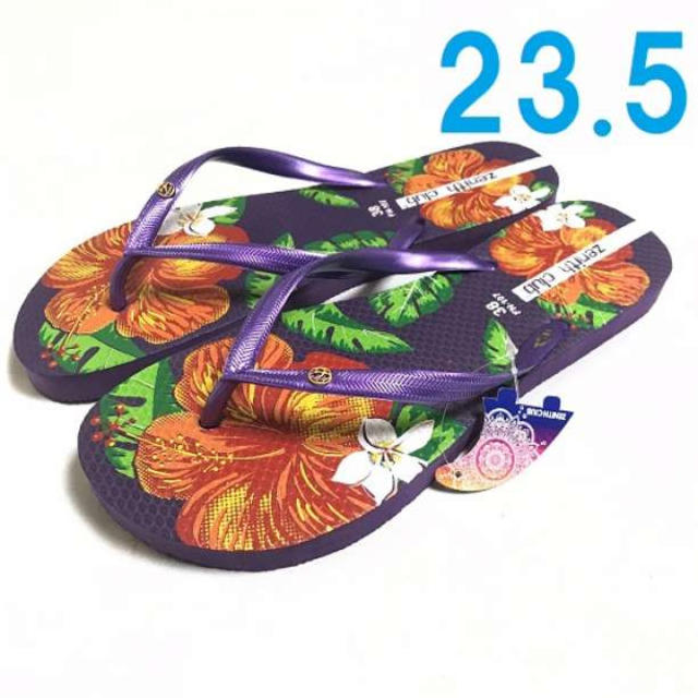 紫 23.5 レディース ビーチ サンダル 花柄 ハイビスカス ビーサン レディースの靴/シューズ(サンダル)の商品写真