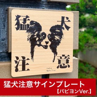 猛犬注意サインプレート (パピヨン) 木目調アクリルプレート(その他)