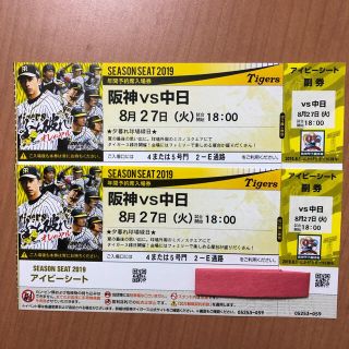 ハンシンタイガース(阪神タイガース)の阪神 vs 中日 8月27日(火) 甲子園 アイビーシート ペアチケット(野球)