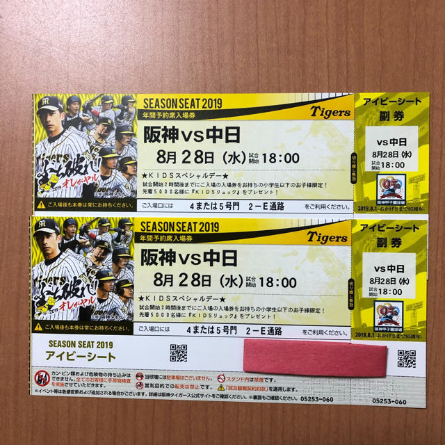 阪神 vs 中日 8月28日(水) 甲子園 アイビーシート ペアチケット - 野球