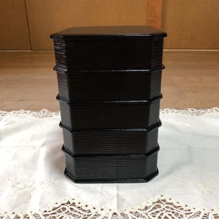 茶道具 木製柿合黒塗 縁高 5段重 菓子器 主菓子器 漆器 紙箱(漆芸)