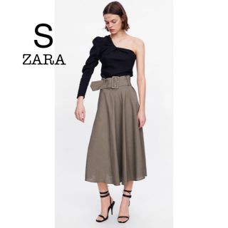 ザラ(ZARA)の新品未使用 ZARA 太ベルト フレア リネン混 ミモレ丈 スカート S(ひざ丈スカート)