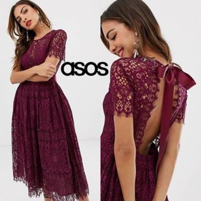 ASOS DESIGN バックリボン総レースミディアムドレス - ミディアムドレス