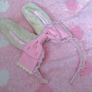 アンジェリックプリティー(Angelic Pretty)のwhip  bunnyカチューシャ ピンクリボン×イエロー耳(カチューシャ)