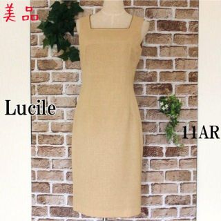 美品★Lucileイエローベージュシンプル膝丈ワンピース11AR(ひざ丈ワンピース)