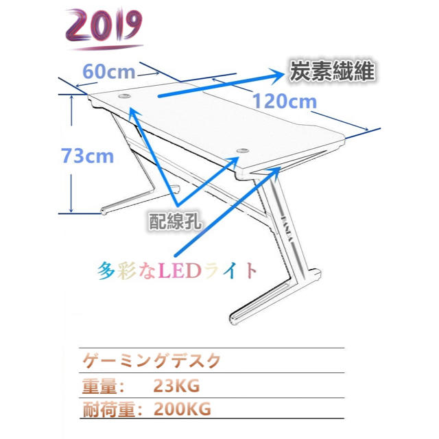 PANDA ゲーミングデスク カーボン天板 LED雰囲気ライト(幅140cm)