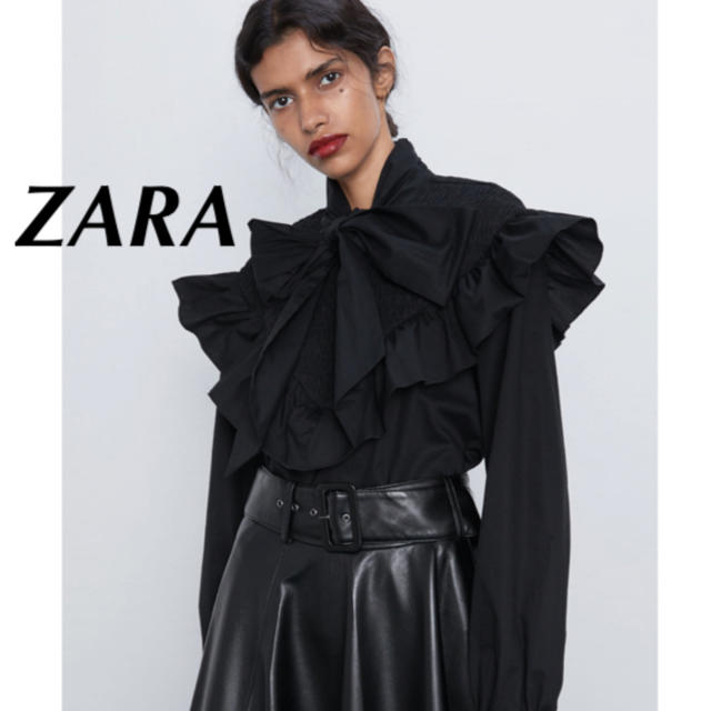 ZARA - ZARA 新品 リボン付きポプリンブラウス リボンフリルブラウス S 黒の通販 by reno's shop｜ザラならラクマ