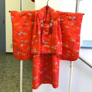 3歳被布セット朱色折鶴柄レトロ(和服/着物)