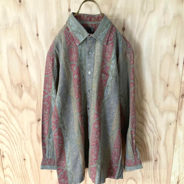 Daks 美品 Daks 総柄 ペイズリー柄 ストライプ Bdシャツ カーキ Daks 美品 Daks 総柄 ペイズリー柄 ストライプ Bdシャツ カーキ