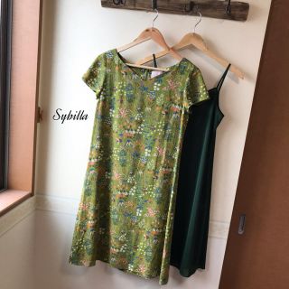 シビラ(Sybilla)のSybilla ワンピース 花 草 グリーン系 ペチコート付き サイズL(ひざ丈ワンピース)