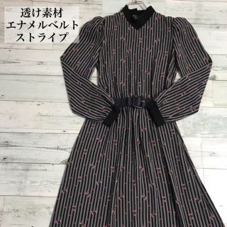 グリモワール(Grimoire)のused ストライプ ロングワンピース 小花柄 ベルト付き 肩パット レトロ(ロングワンピース/マキシワンピース)