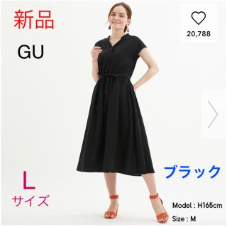 ジーユー(GU)の【新品】GU★ウエストリボンワンピース(半袖)★ブラック  Lサイズ(ロングワンピース/マキシワンピース)