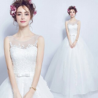 ウエディングドレス　可愛い　大きめ　レース　白　花柄　ドレス　フォトウェディング(ウェディングドレス)