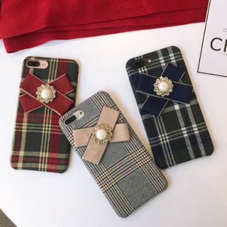 大人気！大人かわいい iPhoneケース チェック ビジュー リボン(iPhoneケース)