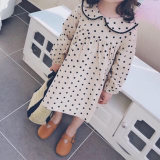 55-1 新品♡キッズ丸襟ドット柄ワンピース♡女の子秋韓国こども服シンプル100(ワンピース)