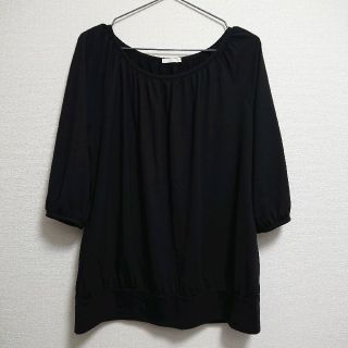 13★大きいサイズ★シンプル Tシャツ★シャーリング★五分袖★無地 ブラック(カットソー(半袖/袖なし))