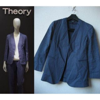 セオリー(theory)のtheory リネンノーカラージャケット　サイズ00　ネイビー(ノーカラージャケット)