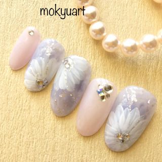 mokyuart22＊スモーキーブルー ネイルチップ 大輪花 ブライダル ハンドメイドのアクセサリー(ネイルチップ)の商品写真