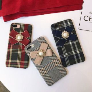 大人気！大人かわいい iPhoneケース チェック ビジュー リボン(iPhoneケース)