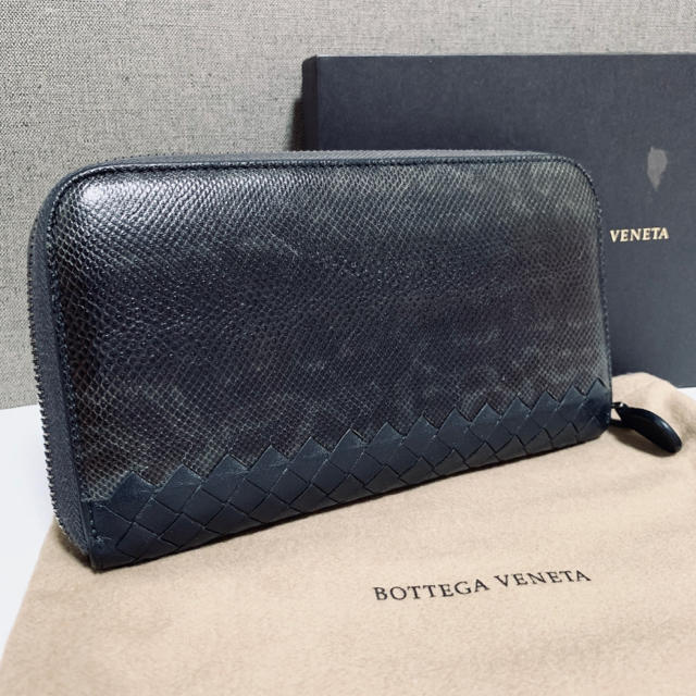 BOTTEGA VENETA ラウンドファスナー 長財布 リザード ダークグレー