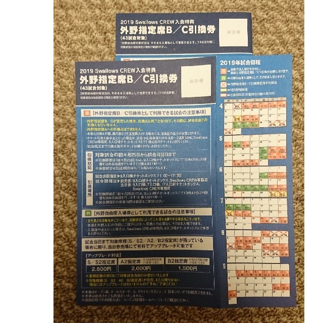 東京ヤクルトスワローズ(トウキョウヤクルトスワローズ)のtaku様2019ヤクルトスワローズ外野引換券2枚 チケットの優待券/割引券(その他)の商品写真
