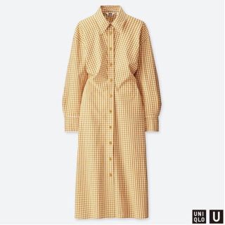 ユニクロ(UNIQLO)のUNIQLO U チェックシャツワンピース（長袖）イエロー(ロングワンピース/マキシワンピース)