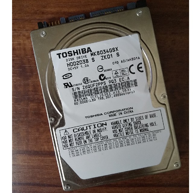 東芝(トウシバ)のTOSHIBA MK8034GSX SATA 2.5インチHDD 80GB スマホ/家電/カメラのPC/タブレット(PCパーツ)の商品写真