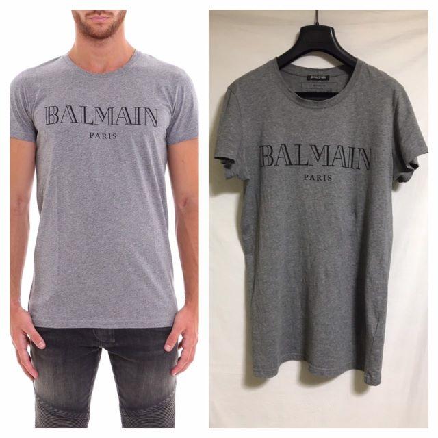 メンズ本物 バルマンオム BALMAIN プリント Tシャツ カットソー S 灰 黒