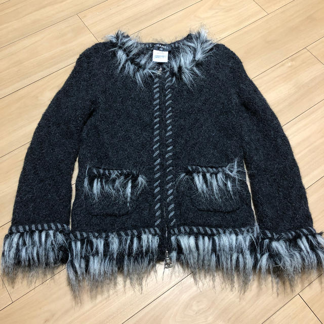 最高品質の CHANEL - シャネル ダークグレー ニットジャケット ノー