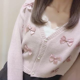 エブリン(evelyn)の着るだけで可愛いリボンカーデピンク♡ガーリーコーデに♡レースインナーで大人可愛く(カーディガン)