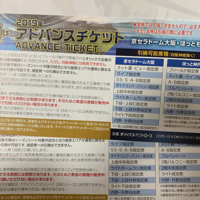 9月16日(月祝)オリックス対戦 SS指定席連番ペアチケット