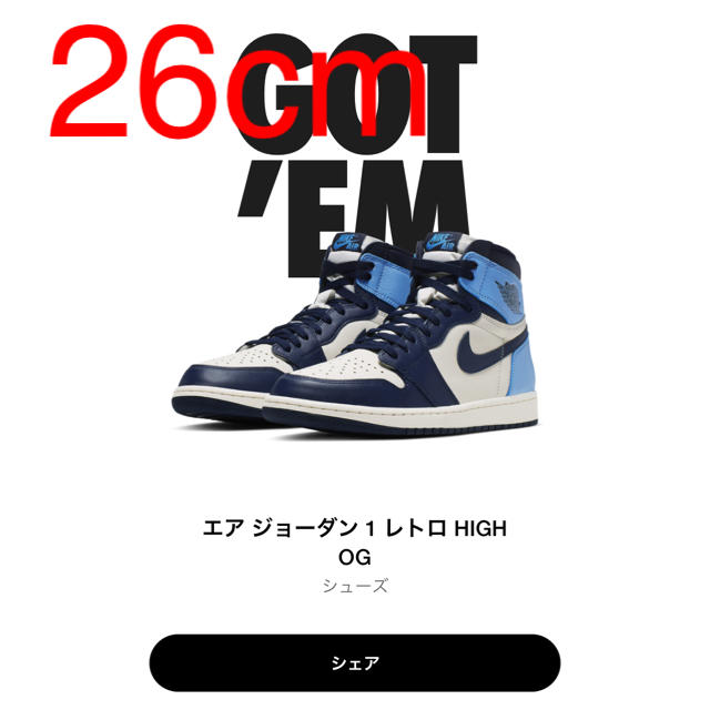 新品未使用購入先Nike AIR JORDAN 1 OBSIDIAN 26cm