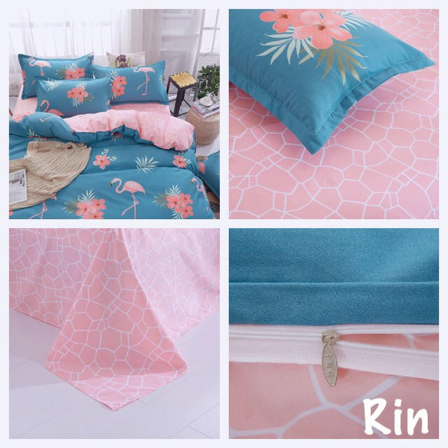 【新品】シングル布団カバー4点セット 寝具 フラミンゴ柄 ブルーグリーン