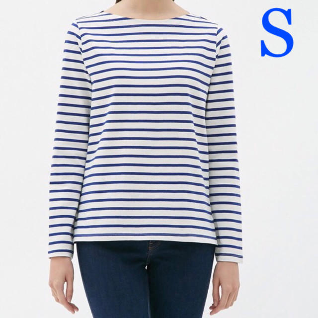 GU(ジーユー)のジーユー ボーダーボートネックTシャツ ブルー S レディースのトップス(Tシャツ(長袖/七分))の商品写真