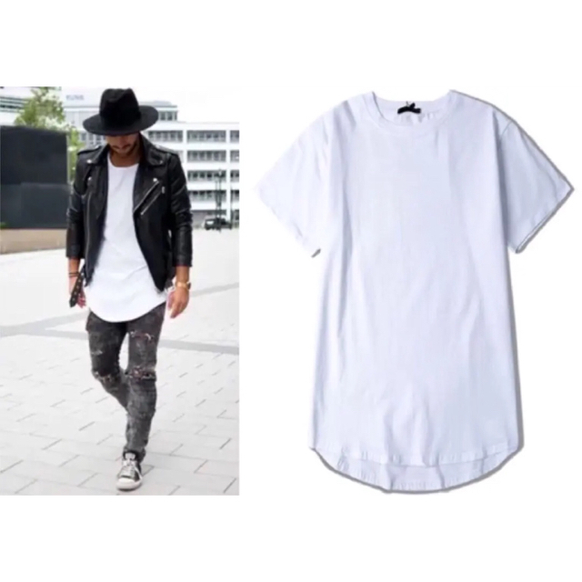 メンズ レイヤード tシャツ 無地 ストリート ロング丈 白 メンズのトップス(Tシャツ/カットソー(半袖/袖なし))の商品写真