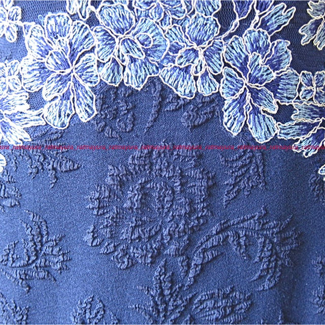 TADASHI SHOJI花刺繍レースXジャガードスカートロングドレス*ブルー6