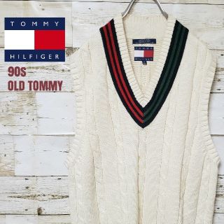 トミーヒルフィガー(TOMMY HILFIGER)のトミーヒルフィガー 刺繍ロゴ チルデンニット ベスト 90s オールドトミー(ベスト)