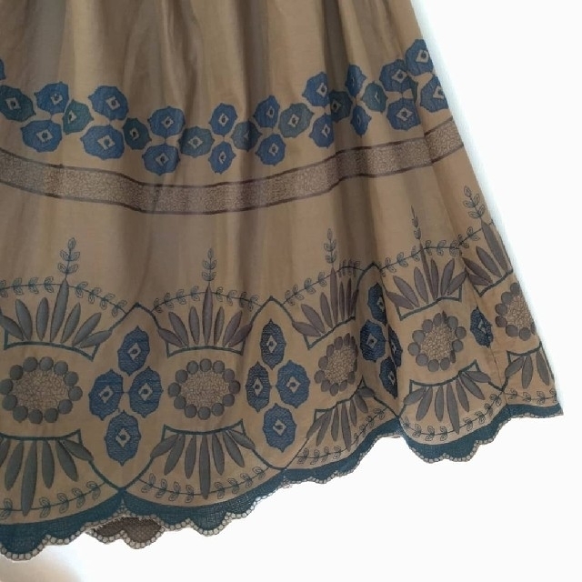 スカート60/-ローンスカラップ刺繍 ギャザースカート  ブラウンカーキ