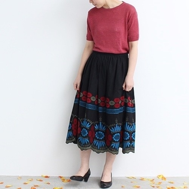 スカート60/-ローンスカラップ刺繍 ギャザースカート  ブラウンカーキ