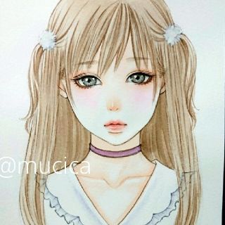 手描きイラスト原画《 大きな襟の女の子 》オリジナル(絵画/タペストリー)