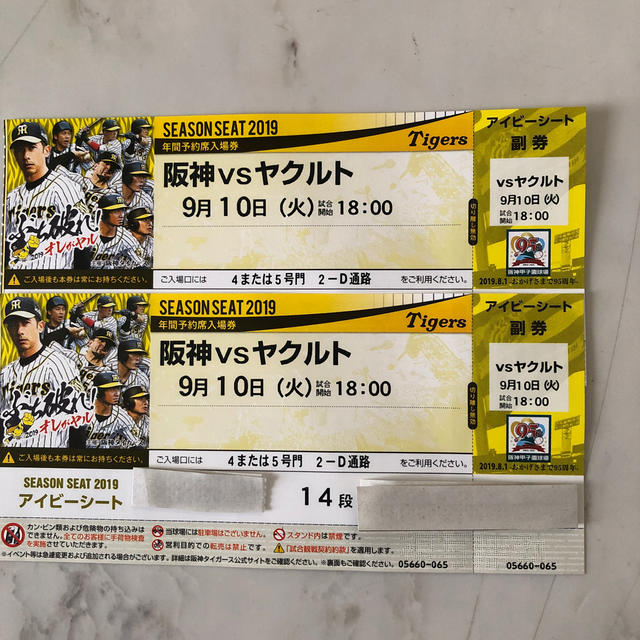 阪神VSヤクルト 9/11 野球チケット アイビーシート 通路側指定席 2枚