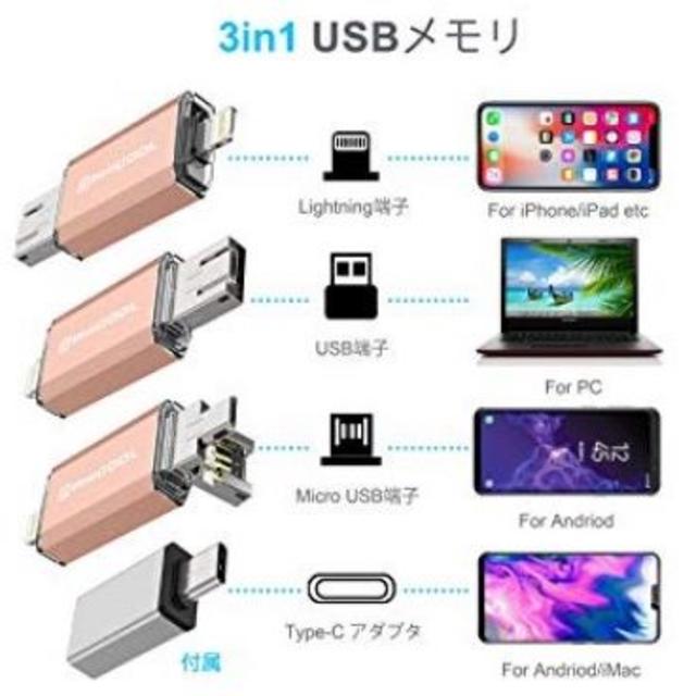 【新品】USB メモリ 32GB iPhone PC Android 3in1 スマホ/家電/カメラのPC/タブレット(PC周辺機器)の商品写真