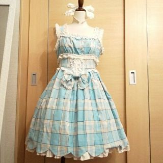 ベイビーザスターズシャインブライト(BABY,THE STARS SHINE BRIGHT)のチェック フリル JSK ワンピース サックス 水色 ロリータ ロリィタ (ひざ丈ワンピース)