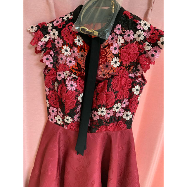 Robe de fleur フラワー刺繍レース×ローズジャガードフレアミニドレス