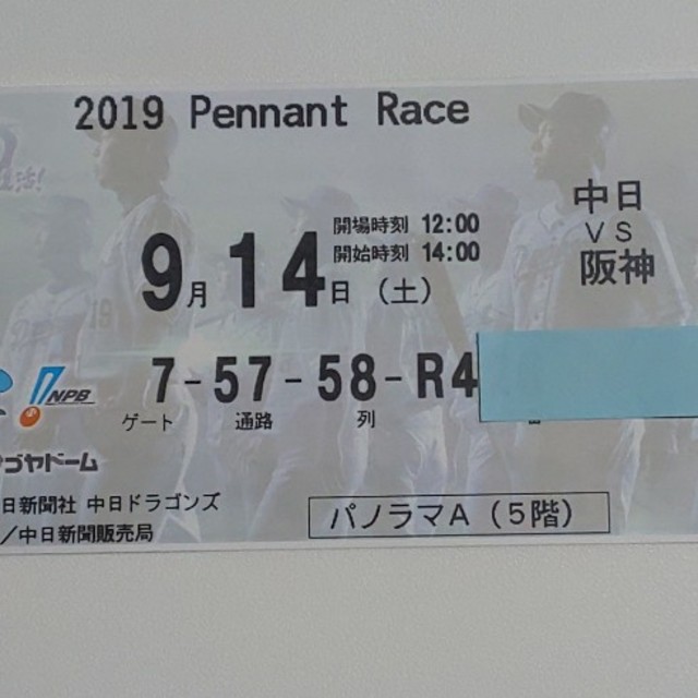 9月14日(土)中日vs阪神 パノラマA 1枚 ナゴヤドーム チケットのスポーツ(野球)の商品写真