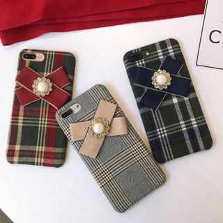 大人気！大人かわいい iPhoneケース チェック ビジュー リボン(iPhoneケース)